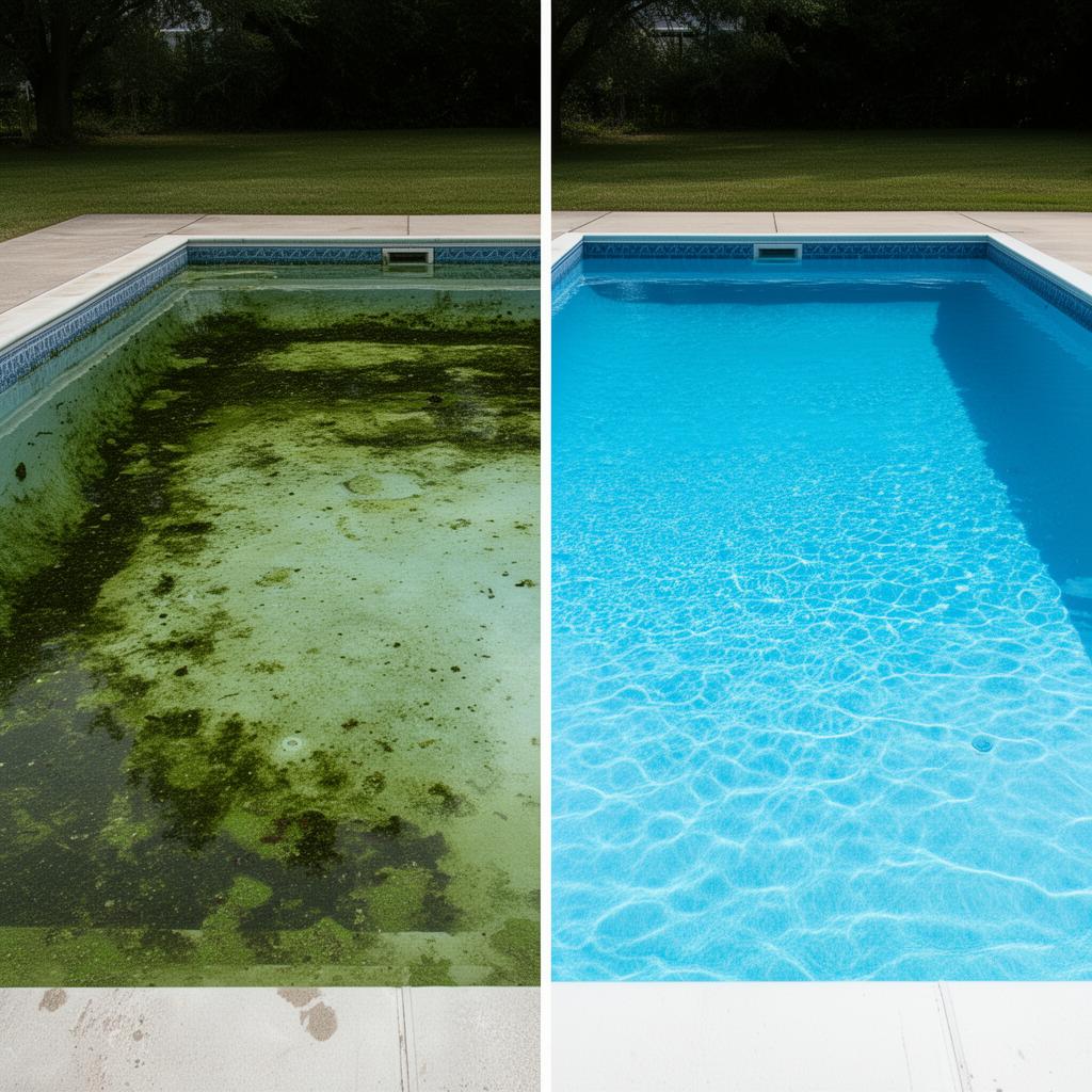 Before and after pool cleaning – algae pool to crystal clear