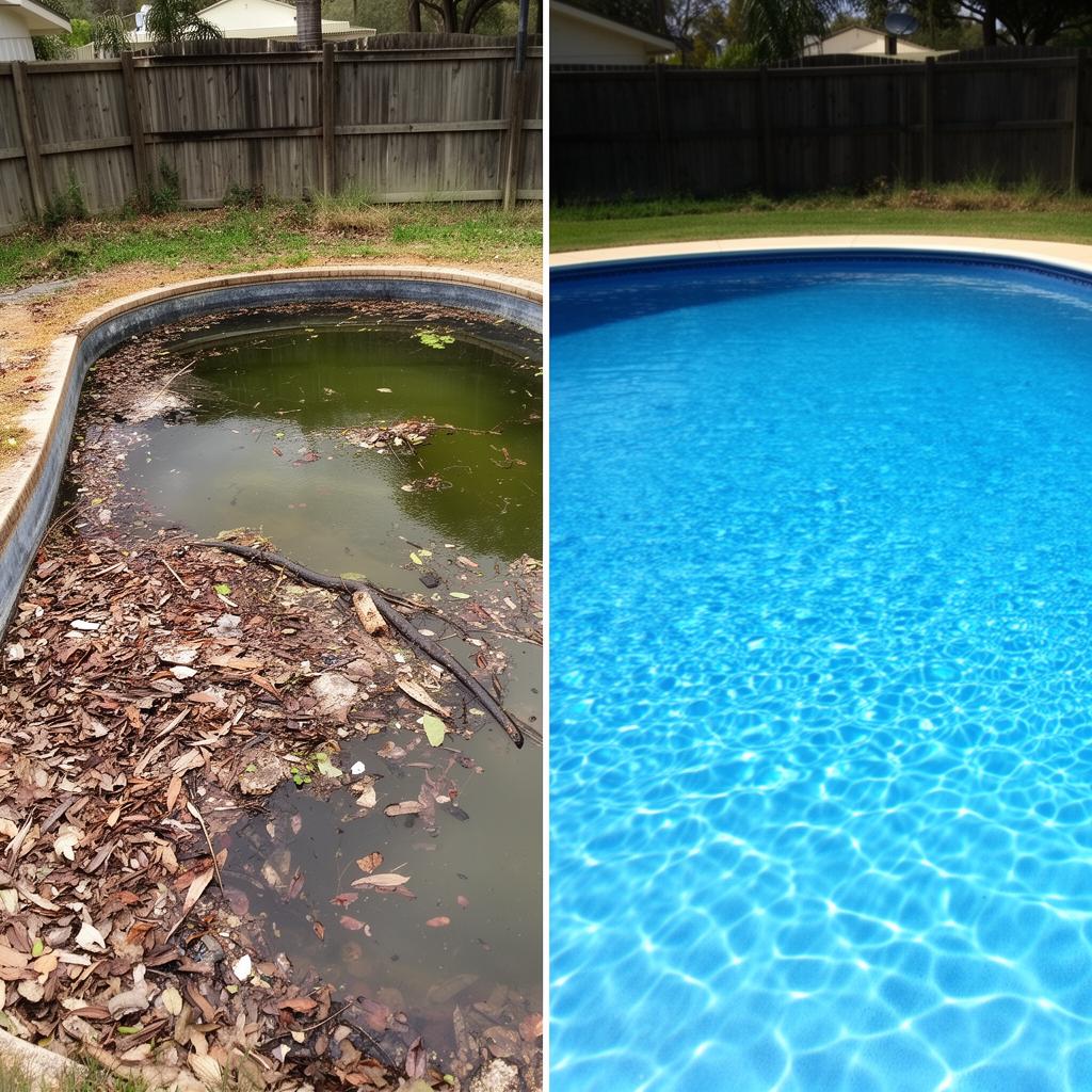 Before and after pool cleaning – debris filled to sparkling clean